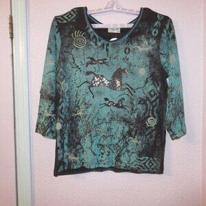 Vtg Cactus Bay Horses Top Size XL Cotton Rhinestones T-Shirt Indian Pony USA